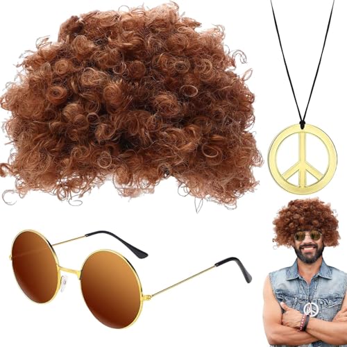 Wrohto Disco Perücke und Sonnenbrille - Herren Hippie Kostüm Zubehör Set | Retro Hip Hop Kostüm Kit, Gold Disco Sonnenbrille Disco Kostüm Zubehör Herren 70er Jahre von Wrohto