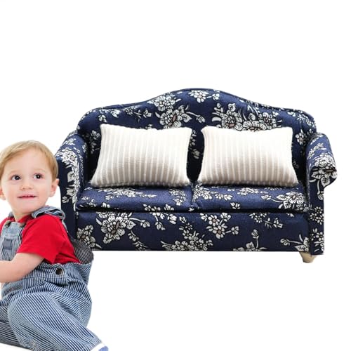 Wrohto Doll House Sofa, Modern Arm Chair with Pillow, Dark Blue Floral Pattern Miniature Sofa, Wooden Fabric Frame Reading Chair for Decoration Accessories, 3.23x2.52x2.83 inches von Wrohto