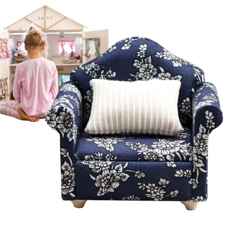 Wrohto Doll House Sofa, Modern Arm Chair with Pillow, Dark Blue Floral Pattern Miniature Sofa, Wooden Fabric Frame Reading Chair for Decoration Accessories, 3.23x2.52x2.83 inches von Wrohto