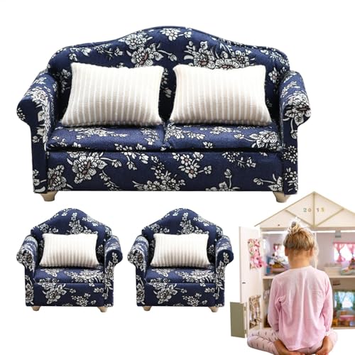 Wrohto Doll House Sofa, Modern Arm Chair with Pillow, Dark Blue Floral Pattern Miniature Sofa, Wooden Fabric Frame Reading Chair for Decoration Accessories, 3.23x2.52x2.83 inches von Wrohto