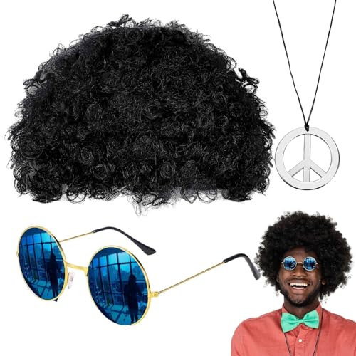 Wrohto Hippie-Perücken-Set für Herren, Hippie-Perücke, Sonnenbrille, Halsketten-Set, 50/60/70er-Jahre-Motto-Party-Zubehör, Dekorationen für Männer und Jugendliche von Wrohto