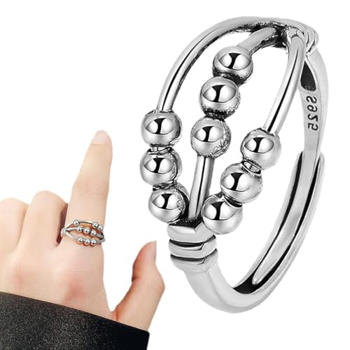 Wrohto Zappelring für Frauen, Angst, Meditationsring,Mädchenring mit Perlen Spinner Verstellbarer drehbarer Ring - Dreischichtiger offener Ring mit Kreuzbewegungsperlen, Fingerspitzenring mit neun von Wrohto