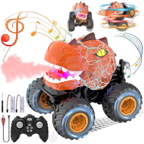 Wrymish Dinosaurier Ferngesteuertes Auto, RC Monster Truck Dinosaurier Spielzeug ab 3 4 5 6 7 8 Jahre Junge Mädchen, Monstertruck mit Licht, Ton, Sprühen ＆ 360°Drehung, Kinder Geschenke (Orange) von Wrymish