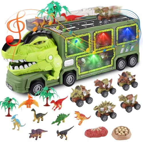Wrymish Dinosaurier Truck Spielzeug ab 3 4 5 6 7 8 Jahre, Dino LKW Autotransporter Spielzeug Set mit 9 Dinosaurier Figuren und 5 Mini Dino Auto, Mit Ton＆Licht, Kinder Weihnachts Geburtstags Geschenke von Wrymish
