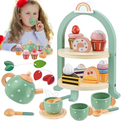 WuGU 23 Stück Teeservice Kinder Holz Set, Teeservice Kinder Holz Kinderküche Zubehör, Tee Set Kinder für Spielküche, Teeparty Spielküche Rollenspiele, Geschenk für Kinder Mädchen Jungen ab 3 Jahren von WuGU