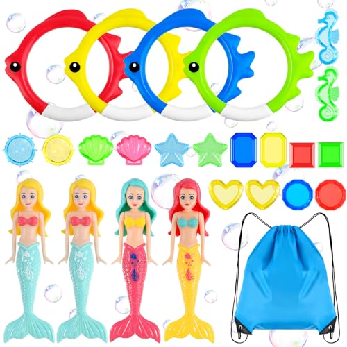 WUGU 25Pcs Stücke Tauchspielzeug für Kinder,Unterwasser Tauchringe, Meerjungfrau Tauchspielzeug, Schwimmbad Tauchset Trainingsspielzeug Tauchspiel mit Kordelzugbeutel für Kinder Pooltraining von WUGU