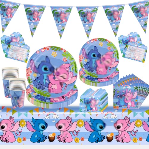 WuGU Partygeschirr Set, 102 Stück Lil und Stitc Party Geschirr, Kindergeburtstag Deko Party Supplies, Teller, Pappbecher, Papierservietten, Tischtücher und Einladungskarte für 20 Gäste-Blau von WuGU