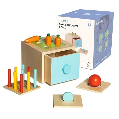 Wuddis 4-in-1 Motorikwürfel ab 1 Jahr - Objektpermanenz Box - Montessori Spielzeug ab 1 Jahr - Umweltfreundliche Farben, FSC-Zertifiziertes Holz - Ideal Für Sicheres Lernen und Spielen von Wuddis