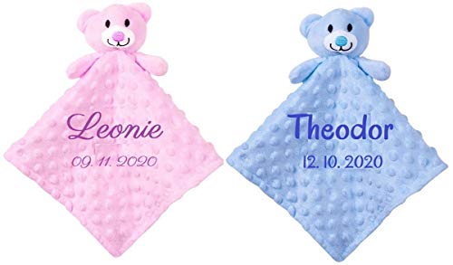 Wuff-Dogsworld Baby Kuscheltuch Teddy mit Namen Bestickt Minky rosa hellblau Noppen Geburt Taufe Geschenk (rosa) von Wuff-Dogsworld