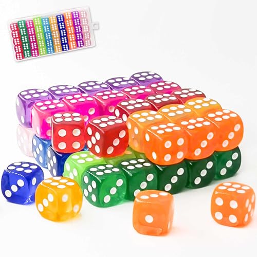 WUGAUWOR 50 Stück 14MM Bunt Würfel Set mit Kunststoffkoffer, D6 Dice Set, Mini Standard Spiel Würfel, 10 Farben Durchsichtige Spielwürfel, 6-seitige Farbwürfel für Yahtzee, Spiele, Mathe Klassen von Wugauwor