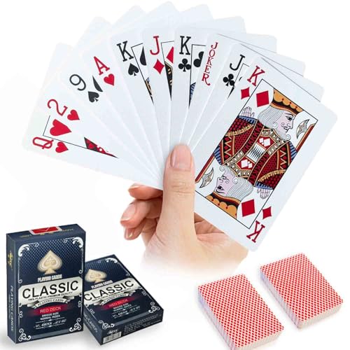 WUGAUWOR Wasserfeste Spielkarten, Rote Plastik Pokerkarten, 2 Decks Kunststoff Poker Karten, Plastikspielkarten, Professionelle Standard Spielkarten für Canasta, Texas, Go Fish, Blackjack Kartenspiele von Wugauwor