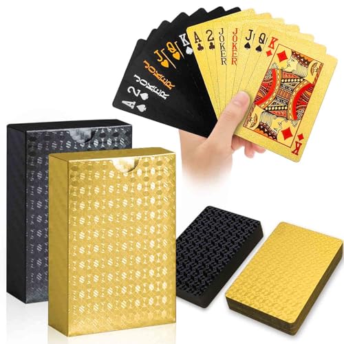 Wugauwor Wasserfest Spielkarten, Gold und Schwarz, Diamant Kunststoff Pokerkarten, Poker Kartendeck, Plastik Pokerkarten für Canasta Blackjack Texas Bridge, Kartenspiele für Erwachsene, 2 Decks von Wugauwor