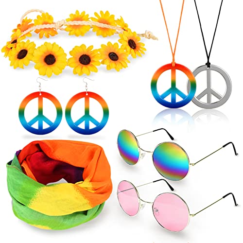 WuikerDuo Retro Hippie Accessoires,Hippie Kostüm Set mit 60er Jahre Retro Vintage Sonnenbrille,Friedenszeichen Halskette und Ohrring,Sonnenblume Krone Haarband,Buntes Hippie Stirnband von WuikerDuo