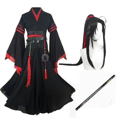 Wei Wuxian Cosplay-Kostüm, Wei Ying-Kostüm, alte chinesische Hanfu-Flöte, Anime, MDZS, Cosplay-Requisiten, Halloween-Outfit (Kostüm + Perücke + Flöte, M) von Wulachaka