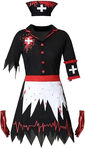 Wulachaka Halloween Zombie Krankenschwester Blutfleckiges Kleid Set Vampir Blutige Krankenschwester Halloween Party Cosplay Kostüm (Kostüm, L) von Wulachaka