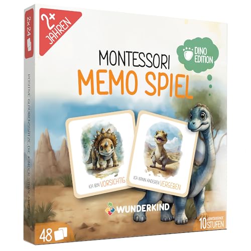 Wunderkind Montessori Memory ab 2 Jahre - Dinosaurier Memorie mit 48 Karten - Fördert Konzentration, Gedächtnis & Sprache - Montessori Spielzeug mit Affirmationen - 10 Spielstufen - inkl. Playlist von Wunderkind