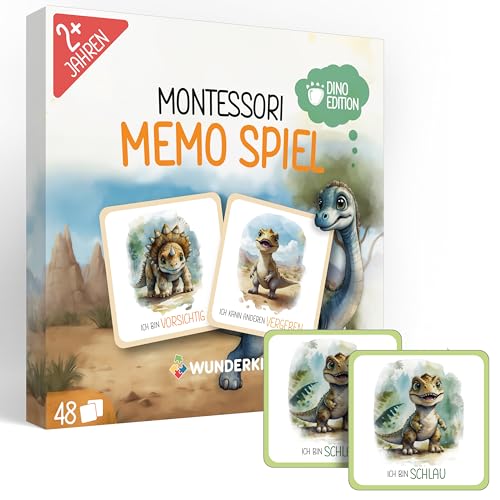 Wunderkind Montessori Memory ab 2 Jahre - Dinosaurier Memorie mit 48 Karten - Fördert Konzentration, Gedächtnis & Sprache - Montessori Spielzeug mit Affirmationen - 10 Spielstufen - inkl. Playlist von Wunderkind