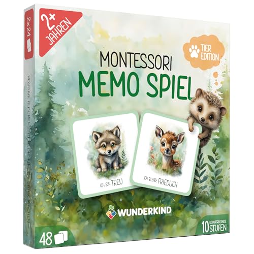 Wunderkind Montessori Memory ab 2 Jahre - Tierbaby Memorie mit 48 Karten - Fördert Konzentration, Gedächtnis & Sprache - Montessori Spielzeug mit Affirmationen - 10 Spielstufen - inkl. Playlist von Wunderkind