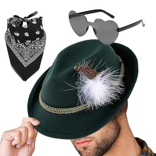 Wuyooprt Bayerischer Hut - 1Set Kunstleder Fedora Oktoberfest Hut mit Kopftuch, Brille - Vlies Deutscher Jägerhut Oktoberfest Kostüm Accessoires für Herren von Wuyooprt