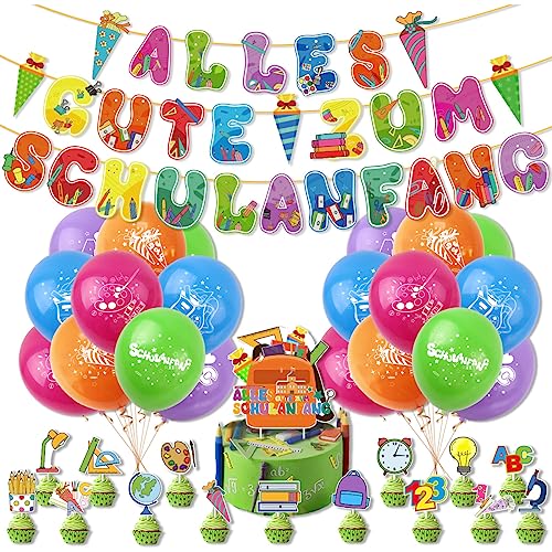 2024 Einschulung Schulanfang Schuleinführung Deko, Schulanfang Schuleinführung Deko Flagge + 20 Luftballons (4 orange, 4 blau, 4 grün, 4 lila, 4 rosa) + 16 Karten + 2 flache goldene Bänder von Wvu & Wvo