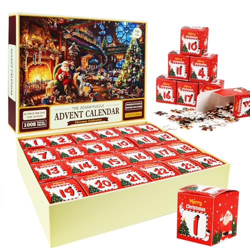 Adventskalender 2024 Weihnachtspuzzle, Weihnachtsmann bereitet Geschenke vor, 24 Schachteln mit 1008 Teilen für den Countdown zu Weihnachten, Erwachsene und Kinder, Heimdekoration von Wvu & Wvo