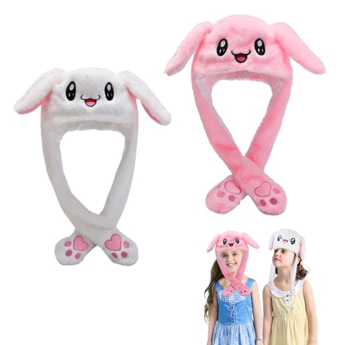 2 PCS Moving Kaninchen Hut, hasenmütze,hut mit beweglichen ohren, rabbit ears hat , Plüsch Tier Ohr Hut, niedlich lustig plüsch hut für Make up Party,Weihnachtsfeier Fasching,Karneval(weiß, rosa) von Wydexint