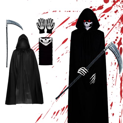 4Pcs Halloween kostüm sensenmann, sensenmann kostüm kinder, sensemann umhang Totenkopfmaske, Sense, Handschuhe, Umhang des Todes, Halloween-Kostüme für Männer und Frauen, Cosplay, Party, Karneval von Wydexint