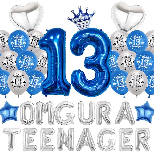 13 Geburtstag Dekorationen für Jungen Mädchen - Marineblau Luftballons Omg Ur a Teenager Banner, Silber Herz Krone Nummer 13 Folienballon für Teen Boy 13th Party Supplies von Wylario