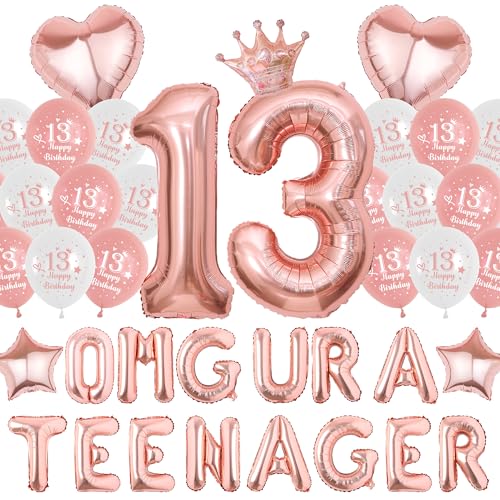 13 Geburtstag Dekorationen für Mädchen Teenager - Rose Gold Luftballons Omg Ur a Teenager Banner, Herz Krone Nummer 13 Folienballon für Teen Girl 13th Party Supplies von Wylario