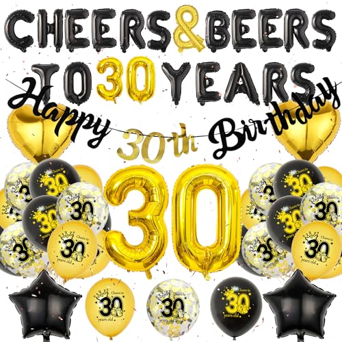 30 Geburtstag Dekorationen für Männer - Schwarz Gold Party Dekoration Set 30 Zeichen Ballon Happy Birthday Banner Prost Bier bis 30 Jahre Folienballons für 30 Jahre Alt Geburtstag Party Supplies von Wylario