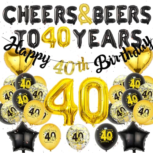 40 Geburtstag Dekorationen für Männer - Schwarz Gold Party Dekoration Set 40 Zeichen Ballon Happy Birthday Banner Prost Bier bis 40 Jahre Folienballons für 40 Jahre Alt Geburtstag Party Supplies von Wylario