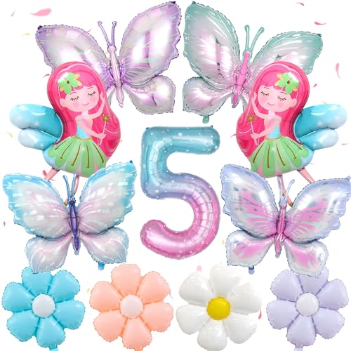 5. Schmetterling Geburtstag Dekorationen für Mädchen - 11 Stück Gradient Schmetterling Fee Folie Mylar Ballons Set mit Riesenzahl 5 und Gänseblümchen Ballon Fee Thema 5 Geburtstag Party Dekoration von Wylario