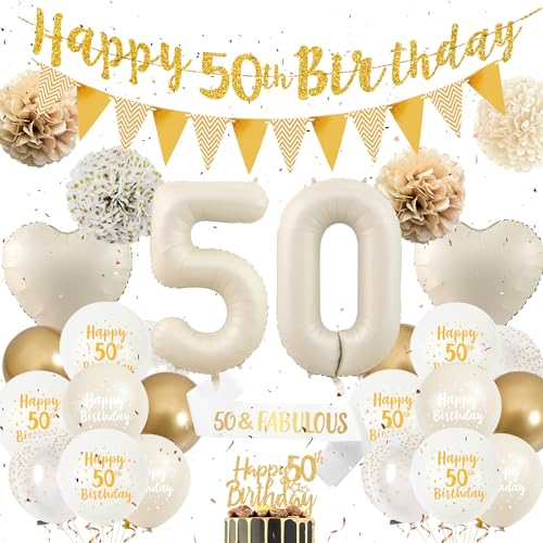 50 Geburtstag Dekorationen für Frauen - Sand Weiß Gold Geburtstag Party Dekoration Set 50 & Fabulous Schärpe Happy 50th Birthday Banner Luftballons Kuchen Topper Papier Pom Poms für 50 Jahre Alt Party von Wylario