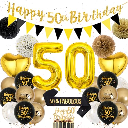 50 Geburtstag Dekorationen für Männer - Schwarz Gold Geburtstag Party Dekoration Set 50 & Fabulous Schärpe Happy 50th Birthday Banner Luftballons Kuchen Topper Papier Pom Poms für 50 Jahre Alt Party von Wylario