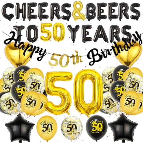 50 Geburtstag Dekorationen für Männer - Schwarz Gold Party Dekoration Set 50 Zeichen Ballon Happy Birthday Banner Prost Bier bis 50 Jahre Folienballons für 50 Jahre Alt Geburtstag Party Supplies von Wylario