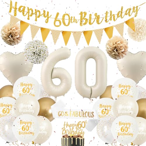 60 Geburtstag Dekorationen für Frauen - Sand Weiß Gold Geburtstag Party Dekoration Set 60 & Fabulous Schärpe Happy 60th Birthday Banner Luftballons Kuchen Topper Papier Pom Poms für 60 Jahre Alt Party von Wylario