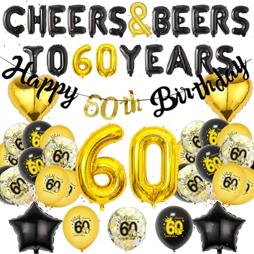 60 Geburtstag Dekorationen für Männer - Schwarz Gold Party Dekoration Set 60 Zeichen Ballon Happy Birthday Banner Prost Bier bis 60 Jahre Folienballons für 60 Jahre Alt Geburtstag Party Supplies von Wylario