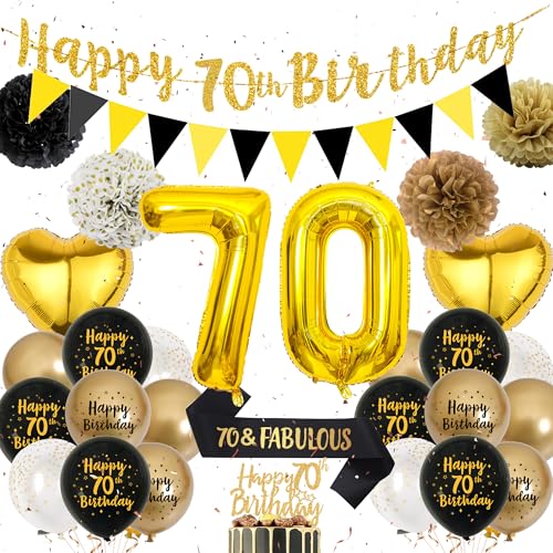 70 Geburtstag Dekorationen für Männer - Schwarz Gold Geburtstag Party Dekoration Set 70 & Fabulous Schärpe Happy 70th Birthday Banner Luftballons Kuchen Topper Papier Pom Poms für 70 Jahre Alt Party von Wylario