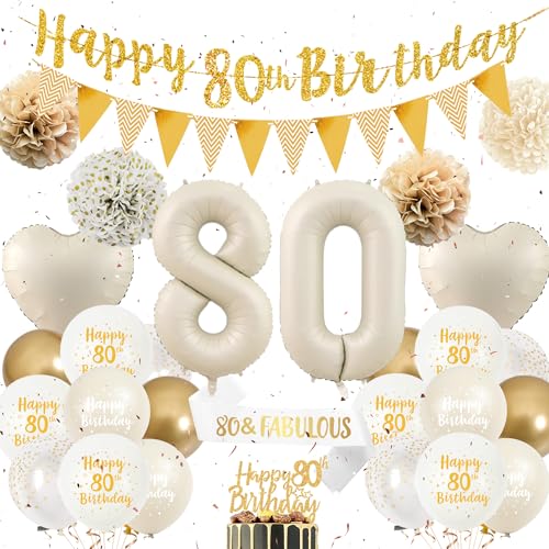 80 Geburtstag Dekorationen für Frauen - Sand Weiß Gold Geburtstag Party Dekoration Set 80 & Fabulous Schärpe Happy 80th Birthday Banner Luftballons Kuchen Topper Papier Pom Poms für 80 Jahre Alt Party von Wylario