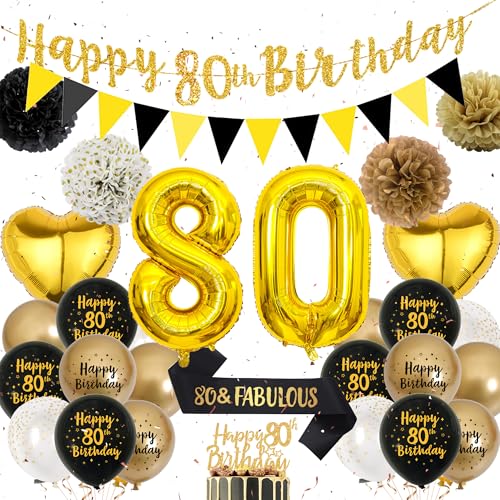 80 Geburtstag Dekorationen für Männer - Schwarz Gold Geburtstag Party Dekoration Set 80 & Fabulous Schärpe Happy 80th Birthday Banner Luftballons Kuchen Topper Papier Pom Poms für 80 Jahre Alt Party von Wylario