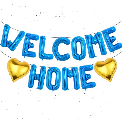 Blaue Luftballons mit Aufschrift "Welcome Home", Buchstaben-Ballonbanner und Herz-Folienballons, Willkommensrück-Themenparty-Zubehör für die Rückkehr nach Hause, Einweihungsparty, Familientreffen, von Wylario