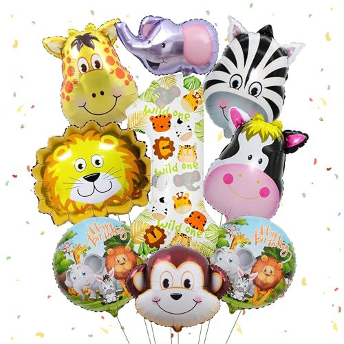 Dschungel 1. Geburtstag Dekorationen Jungen - 9 Stück Giraffe Affe Löwe Zebra Elefant Safari Tierkopf Folienballons Zahl 1 Ballon Wild One Geburtstag Dekor Kinder Erster Geburtstag Party Supplies von Wylario