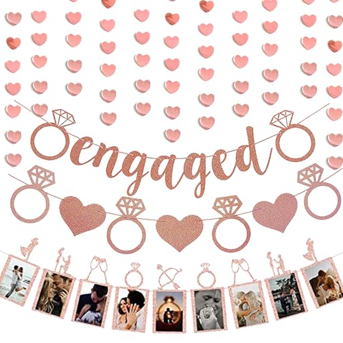 Engagement Party Dekorationen Banner Set - Rose Gold Glitzer Engaged Banner Herz Wimpelkette Girlande Personalisierte Verlobung Foto Banner für Verlobung Hochzeiten Jahrestag Valentinstag Party von Wylario