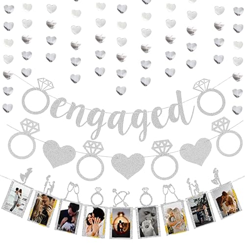 Engagement Party Dekorationen Banner Set - Silber Glitzer Engaged Banner Herz Wimpelkette Girlande Personalisierte Verlobung Foto Banner für Verlobung Hochzeiten Jahrestag Valentinstag Party Supplies von Wylario