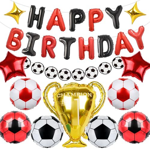 Fußball Geburtstag Dekorationen Luftballons für Jungen - 32 Stück Kinder Party Dekoration Rot Schwarz Happy Birthday Folienballon Fußball Girlande, Champion Trophäe für Mädchen Fußballfans Party Dekor von Wylario