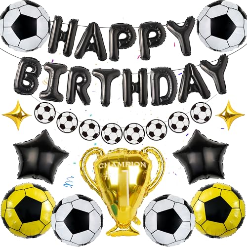 Fußball Geburtstag Dekorationen Luftballons für Jungen - 32 Stück Kinder Party Dekoration Schwarz Weiß Happy Birthday Folienballon Fußball Girlande, Champion Trophäe für Mädchen Fußballfans Party von Wylario