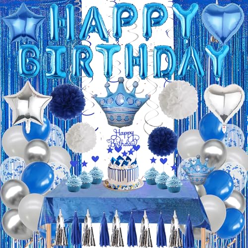 Geburtstag Deko für Frauen Männer - Blau und Silber Party Dekorationen Ballon Set Happy Birthday Banner Papier Pom Poms Hängende Wirbel Fransen Vorhang Tischdecke für Geburtstagsfeier Supplies von Wylario