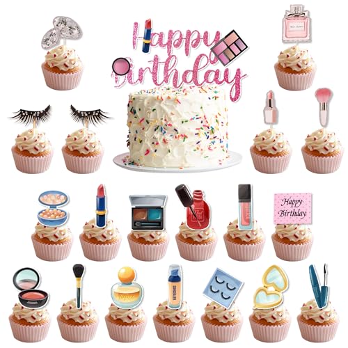 Make-up Party Geburtstag Kuchen Dekorationen - 20 Stück Kosmetik Cupcake Topper, Glitzer Happy Birthday Lippenstift Parfüm Cupcake Topper Dekoration für Mädchen Frauen oder Spa Bachelorette Party von Wylario