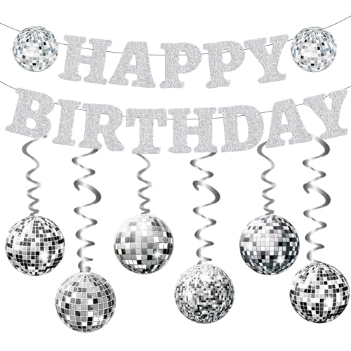 Silber Disco Geburtstag Party Dekorationen - Glitzer Happy Birthday Banner 70er 80er Jahre Discokugeln Hängend Papier Girlande Schild Wimpelkette für Disco Dance Party Supplies Set von Wylario