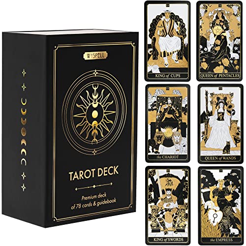 Wyspell Klassische Tarotkarten mit Leitfaden Buch - 78 Gold Tarotkarten für Anfänger Tarotkarten Set - Schwarze Tarotdecks mit Anleitung - Original Tarotkarten Deck - Tarot-Deck mit Anleitung von Wyspell